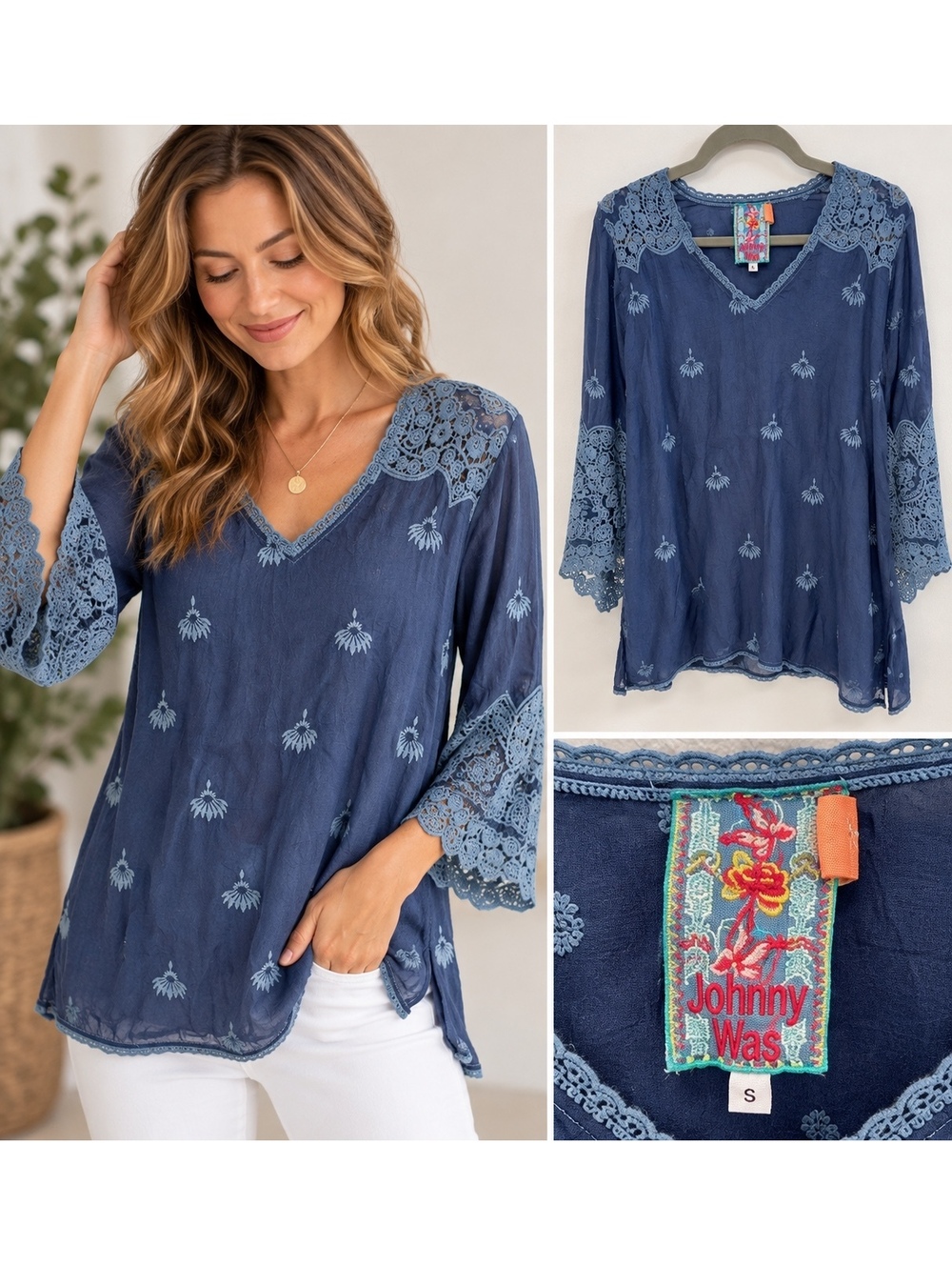 Johnny Was Blue Embroidered Lace Tunic Blouse Size Small Boho